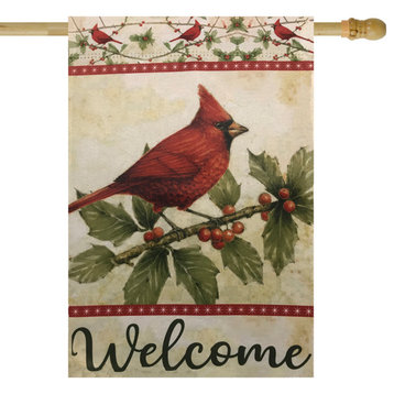 Cardinal With Holly Berries Welcome Outdoor House Flag 28" x 40"