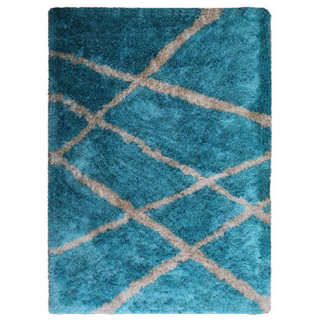 HAND TUFTED SHAG POLYESTER ECO-FRIENDLY AREA RUGS, Turquoise White,Geometric