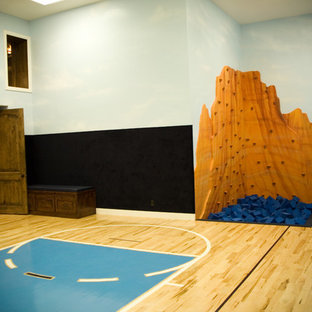 ソルトレイクシティの大きいトランジショナルスタイルのおしゃれな室内コート (マルチカラーの壁、合板フローリング) の写真