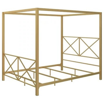 Contemporary Golden Metal Canopy Bed, Criss Cross Headboard Design, Full