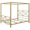 Contemporary Canopy Bed, Golden Metal Frame With Criss Cross Headboard, Full