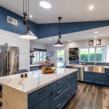 Blue Shaker Kitchen with Quartz Waterfall Island