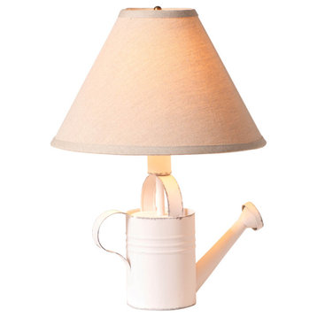 Irvins Country Tinware Watering Can Lamp in Rustic White with Ivory Linen Shade