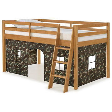 Roxy Twin Wood Junior Loft Bed, Cinnamon, Green Camo Bottom Tent