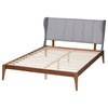 Mid-Century Modern Light Grey Fabric Walnut Finished Wood Queen Size Bed