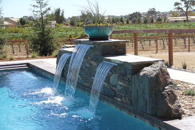 Backyard stamped concrete and rectangular pool photo in San Luis Obispo