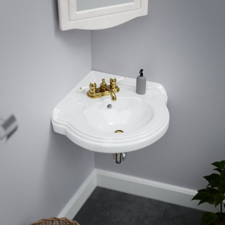 Wall Mount Corner Small Bathroom Sink White Gloss China Portsmouth with Bracket