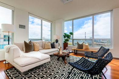 Example of a trendy living room design in San Francisco with white walls