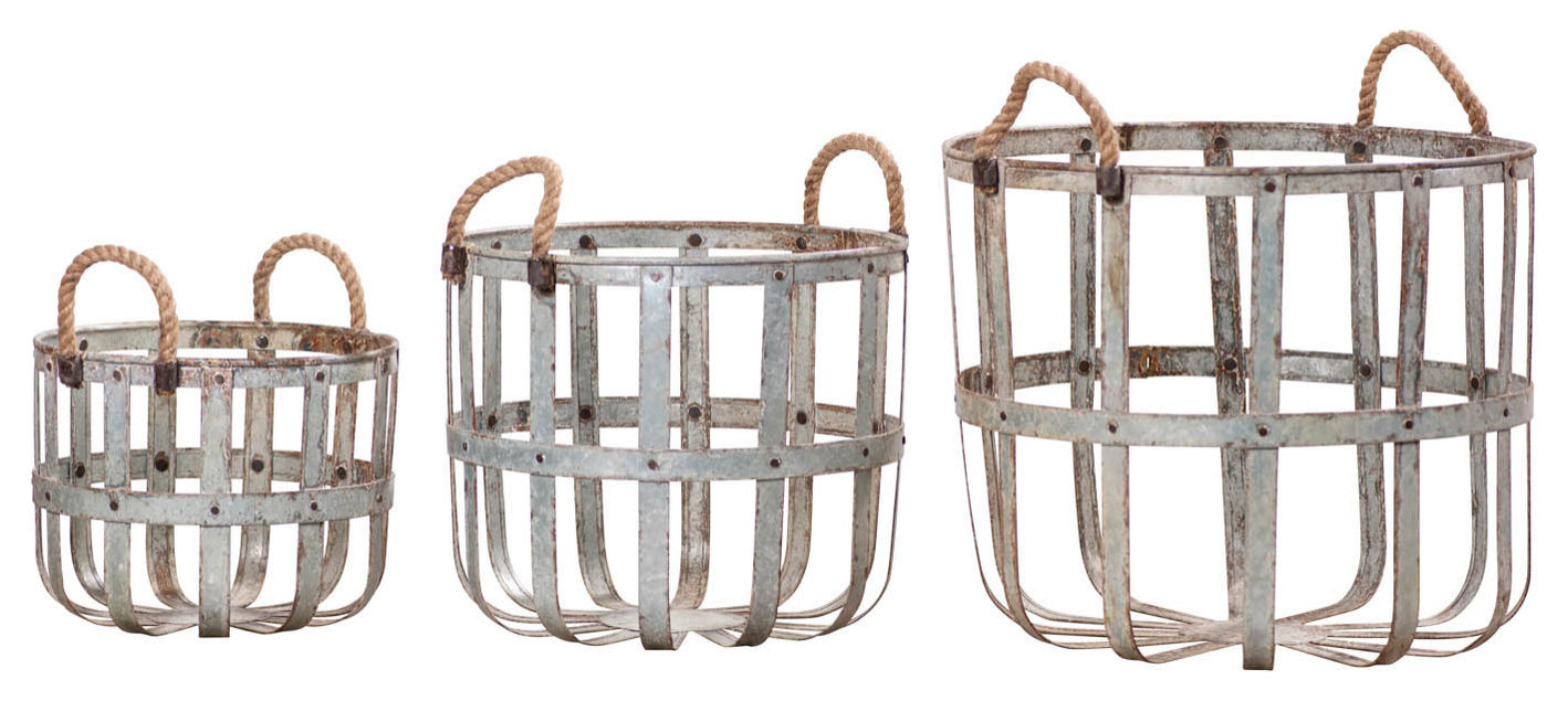 Irvins Country Tinware Rustic Round Metal Basket Set, 16.25 inches