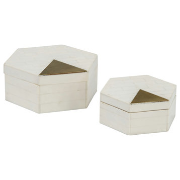 Resin, S/2 5/7" Hxgon Boxes W/brass Inlay, Wht/gld