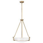HInkley - Hinkley Hathaway Medium Pendant, Heritage Brass - Hathaway's striking design features a bold shade held in place by three intersecting, floating arms with unique forged uprights and ring detail for a modern style. Available in Heritage Brass with etched glass, Olde Bronze with etched glass, Olde Bronze with etched amber glass and Antique Nickel with etched glass.