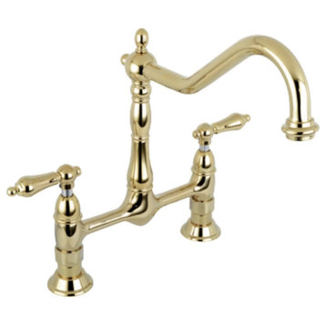 Victorian Kitchen Faucet, Bridge Design With Arched Spout & 2 Levers, Brass