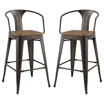 Bar Stool Chair Barstool, Set of 2, Wood, Metal, Brown, Modern, Bar Pub Bistro