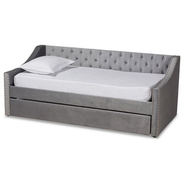 Raphael Gray Velvet Fabric Upholstered Twin Size Daybed With Trundle
