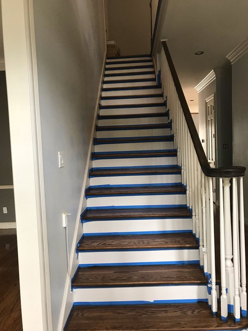 refinish stair rail or paint stair rail AND spindles dark