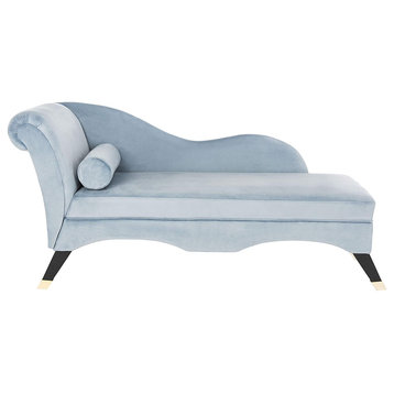 Modern Chaise Lounge, Espresso Legs With Golden Caps & Velvet Seat, Slate Blue