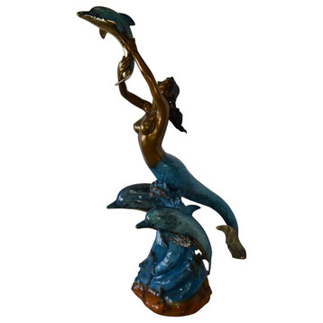 Mermaid W Three Dolphins Fountain Enameled Bronze Statue Size: 34" x 41" x 83"