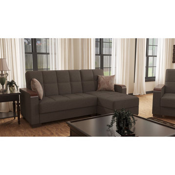 L-Shape Sleeper Sofa, Square Tufted Seat, Brown Polyester