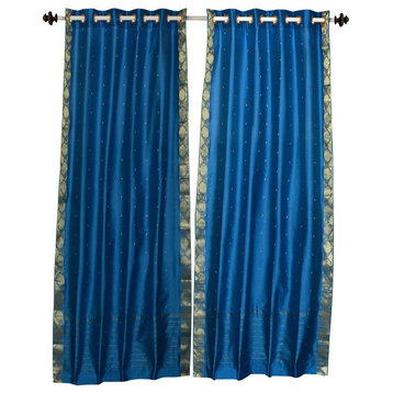 Lined-Turquoise Ring Top  Sheer Sari Curtain / Drape  - 43W x 108L - Piece