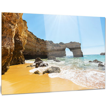 "Wide Portugal Beach With White Waters" Modern Metal Wall Art, 28"x12"