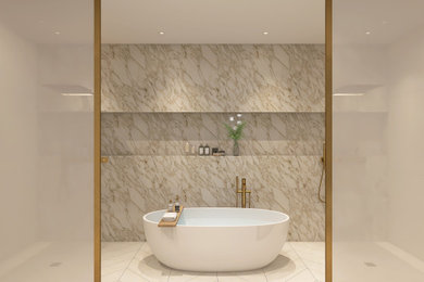 Example of a large trendy master beige tile and porcelain tile marble floor, beige floor and double-sink bathroom design in New York with flat-panel cabinets, medium tone wood cabinets, a wall-mount toilet, beige walls, an integrated sink, marble countertops, beige countertops, a niche and a floating vanity