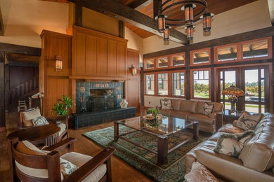 Large arts and crafts formal and open concept living room photo in Los Angeles with a standard fireplace