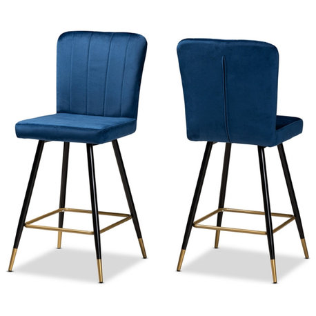 Baxton Studio Preston Navy Blue and Gold Finished Metal 2-Piece Bar Stool Set