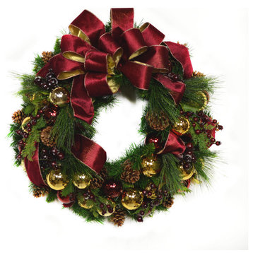 26" Evergreen Wreath with Berries, Pinecones, Ornaments and a Bow, Solid Burgundy and Gold
