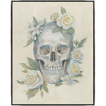 24x30 Floral Skull, Framed Artwork, Silver