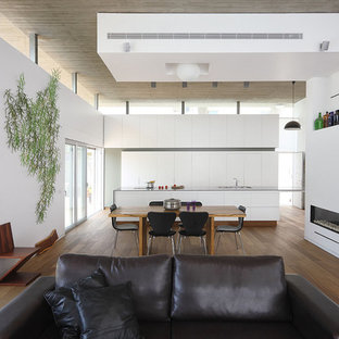 Inspiration for a mid-sized modern open plan dining in Other with white walls, dark hardwood floors, a ribbon fireplace and a plaster fireplace surround.