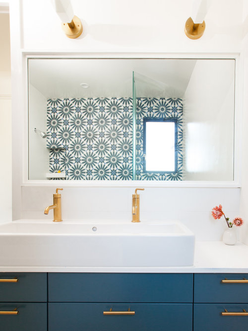 Bathroom Design Ideas, Renovations & Photos with Cement Tiles and Blue Tile