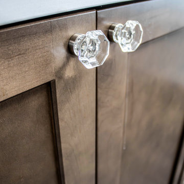 Two Tone Kitchen: Navy and Wood Kitchen with Carrara Wind Quartz Countertops