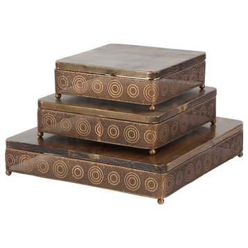 Modern Fir Wood and Iron Pierced Design Square Trays, 3-Piece Set, Copper