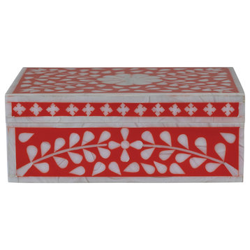 Decorative Mixed Material Storage Box with Horn Inlay, Red and White