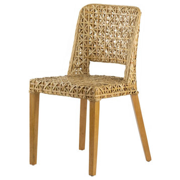21" Dining Side Chair, Woven Rattan Backrest, Wood Frame, Natural Brown
