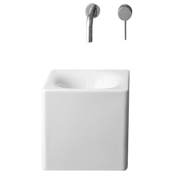 Square White Ceramic Wall Mounted or Vessel Sink, No Hole
