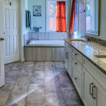 Primary Bathroom with Custom Corian and Tiled Shower, Tiled Tub Surround