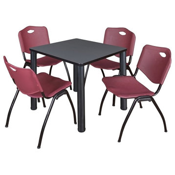 Kee 30" Square Breakroom Table, Gray/ Black and 4 'M' Stack Chairs, Burgundy