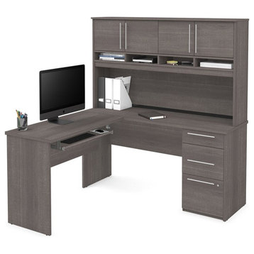 Bestar Innova Plus L Shaped Wood Computer Desk with Hutch in Bark Gray