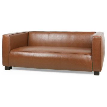 Contemporary Sofa, Faux Leather Upholstered Seat With Tuxedo Arms, Cognac Brown