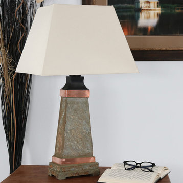 Sunnydaze Indoor-Outdoor Copper Trimmed Slate Table Lamp, Electric, 30"
