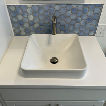 BATHROOM - Complete Remodel Tub-to-Shower White Cabinets, White Hex Floor