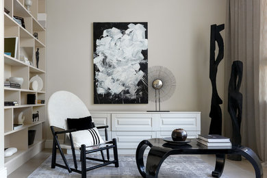 Contemporary living room in Moscow with a library, porcelain floors, grey floor and beige walls.