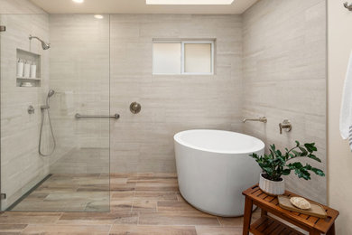 Large trendy master beige tile and ceramic tile cement tile floor, beige floor and single-sink bathroom photo in Seattle with shaker cabinets, green cabinets, a two-piece toilet, beige walls, quartz countertops, white countertops, a niche and a built-in vanity