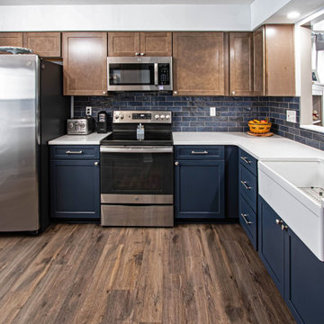 Two Tone Kitchen: Navy and Wood Kitchen with Carrara Wind Quartz Countertops