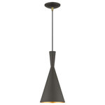 Livex Lighting - Waldorf 1-Light Bronze Pendant, Antique Brass Accents - A modern double-cone shade mini pendant features a bronze finish with a gold inside and is adaptable to a range of d�cor styles.
