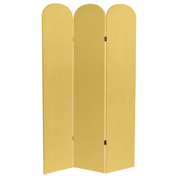 Classic Room Divider, Arched Design With 3 Faux Leather Covered Panels, Yellow