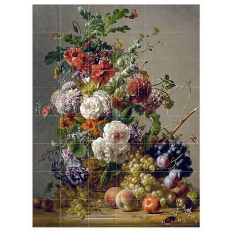 Tile Mural STILL LIFE DAHLIAS NASTURTIUMS Backsplash 4.25" Ceramic Glossy