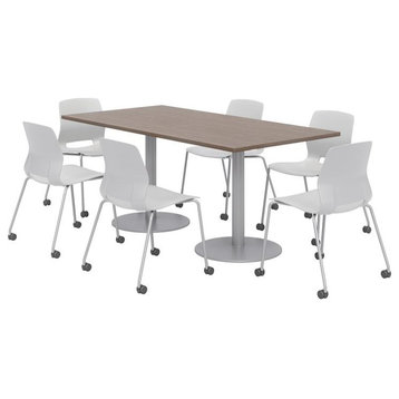 36 x 72" Table - 6 Lola Grey Caster Chairs - Teak Top - Silver Base