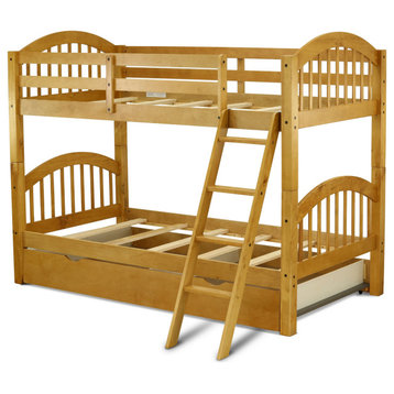 Verona Twin Bunk Bed, Natural Oak Finish With Convertible Trundle & Drawer